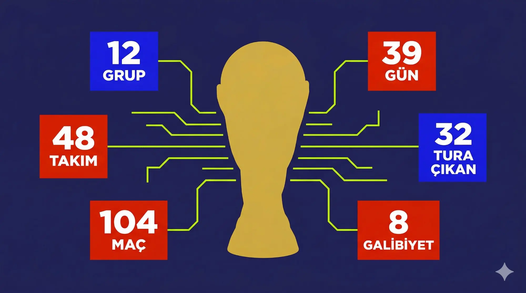 2026 Dünya Kupası format istatistikleri - 12 grup, 48 takım, 104 maç, 39 gün infografik. Dünya Kupası grupları.